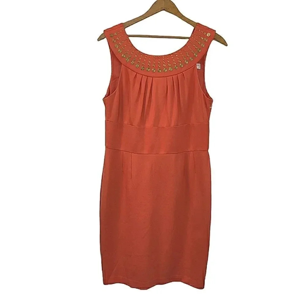 Trina Turk Papaya orange circle collar sheath dress 8/10
